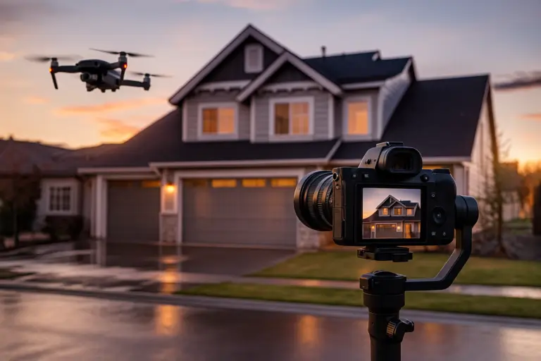Professional camera and drone filming a home at sunset, showcasing real estate videos in Middle Tennessee.