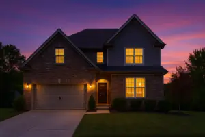 Two-story brick home after virtual twilight enhancement, real estate media add ons in Middle Tennessee